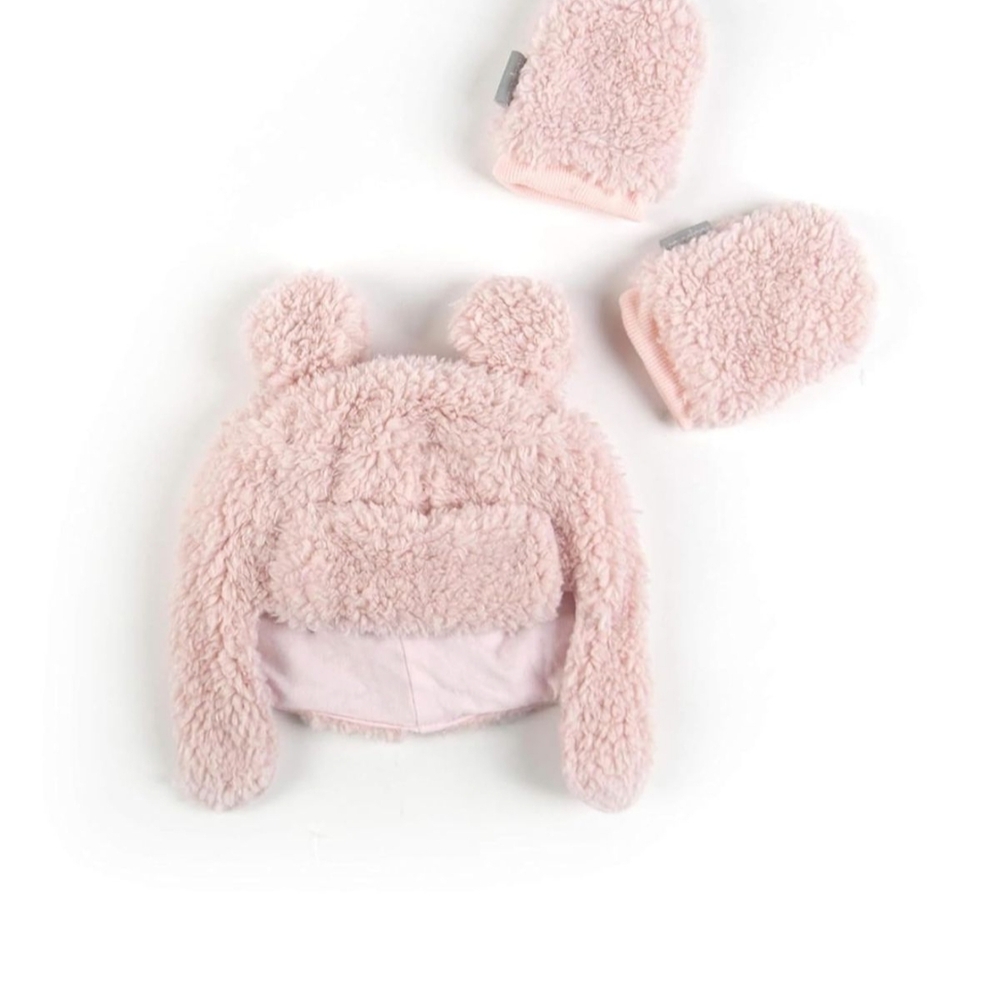 Pink Plush Bear Ears Hat and Mittens Set